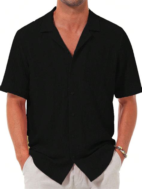 Men's Casual Solid Black Textured Short Sleeve Shirt – Roar Fox