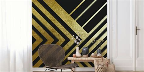 Geometric Lines Black and Gold Wallpaper | Luxury Wall Design | Happywall