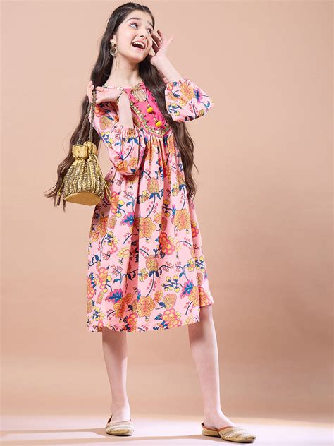 Buy floral print Round neck Bell Sleeve Dress