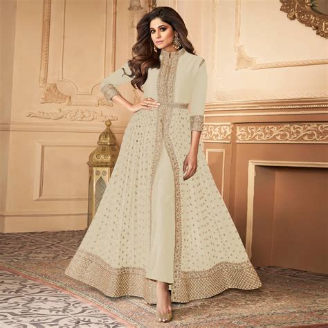 Cream Embroidered Georgette Partywear Gown