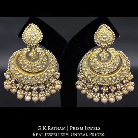 23k Gold and Diamond Polki Chand Bali Earring Pair with antique basra ...