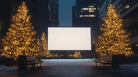 Outra placa em branco com árvores de Natal e bancos em uma cidade ...