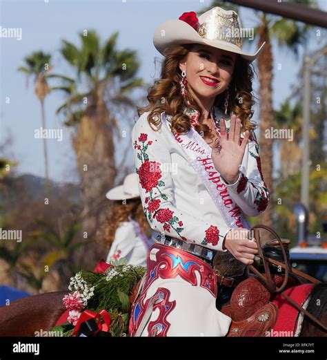 PASADENA, CALIFORNIA—JANUARY 1, 2018: Close up of Miss Hesperia Wrangler queen on a horse at the ...