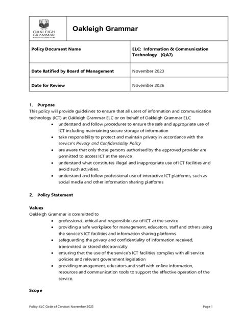 Fillable Online Oakleigh Grammar Elc Ict Policy 2023 - Guidelines for ...