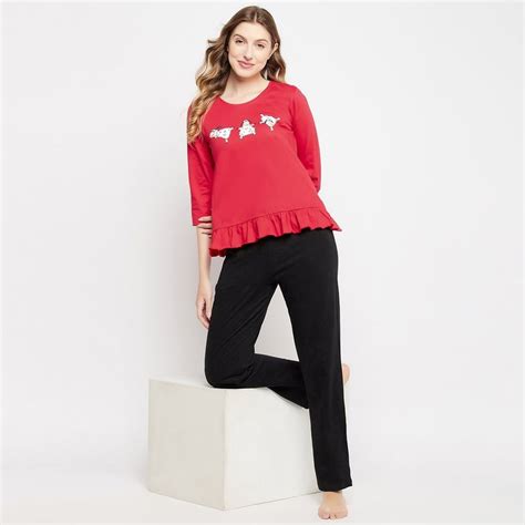 Buy Clovia Printed Top & Basic Pyjama Set - 100% Cotton Online