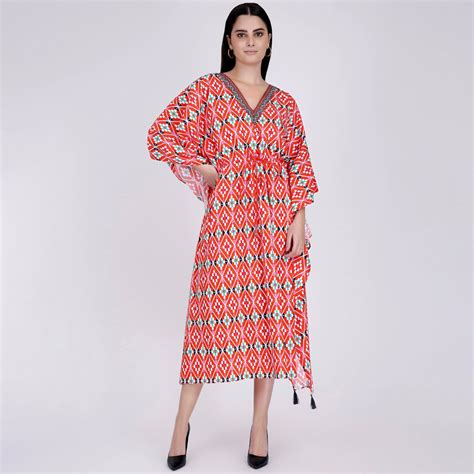 Bright Red Moroccan Print Mid Length Kaftan – First Resort by Ramola ...