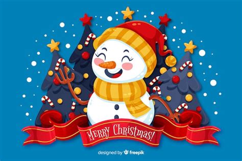 Flat christmas background and snowman with hat | Free Vector