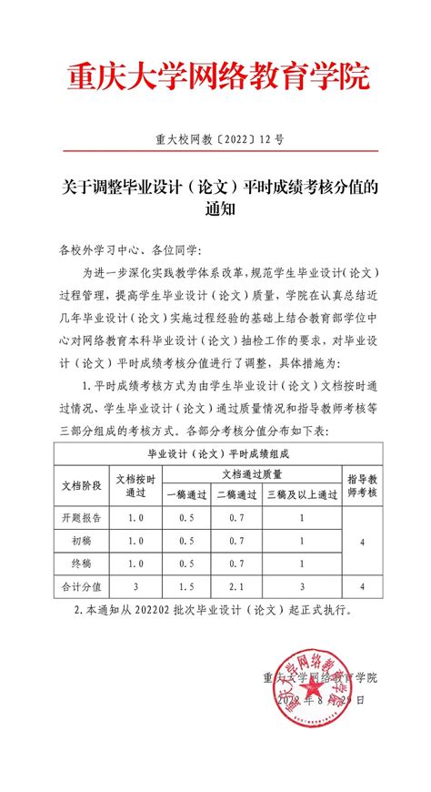 重庆大学网络教育学院 -关于调整毕业设计（论文）平时成绩考核分值的通知