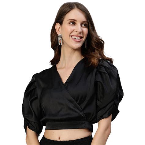 ishin Women's Black Solid Wrap Crop Top : Amazon.in: Clothing & Accessories