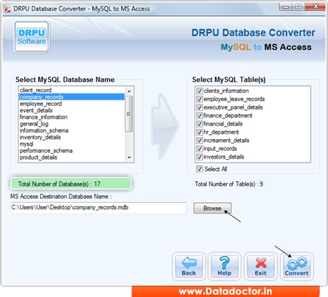 View screenshots of MySQL to MS Access Database Converter software