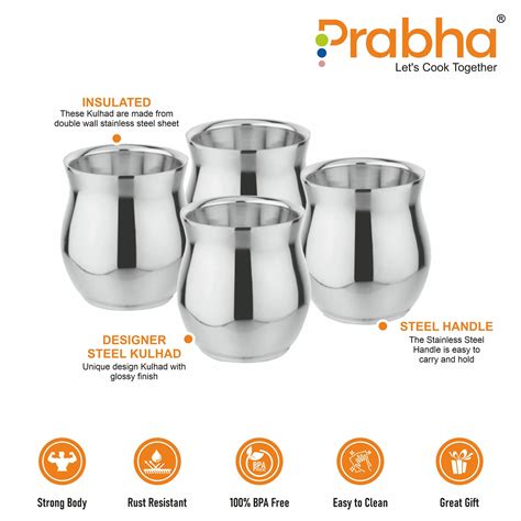 Stainless Steel Double Wall Kulhad Set for Water/Tea (Pack of 4 ...