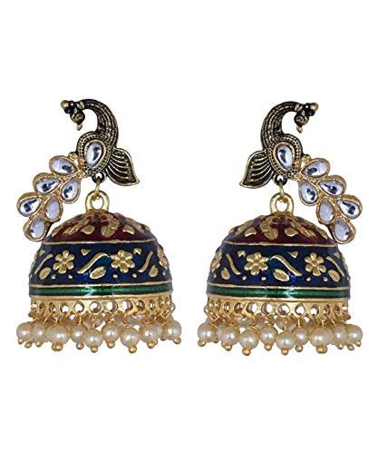 Adorn Gold Plated Multicolour Meenakari Peacock Pearl Jhumki Earrings ...