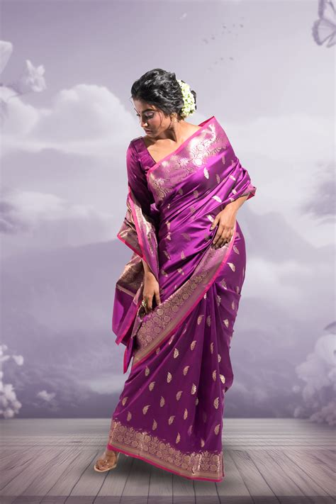 Purple Handloom Silk Banarasi Saree With Floral Zari Border & Butis