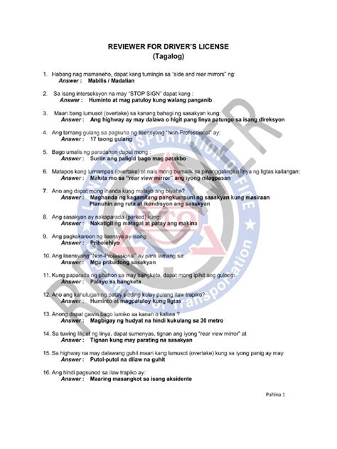 Image result for Lto Exam Answer Key Tagalog