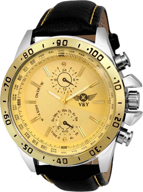 Buy V&Y Altimeter Gold DIAL with Black Leather Strap Watch for Boys at ...