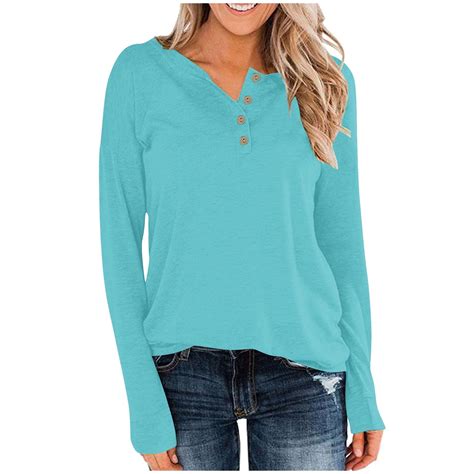 Womens Henley Tops Long Sleeve Cotton Shirts Thermal Pullover Casual ...