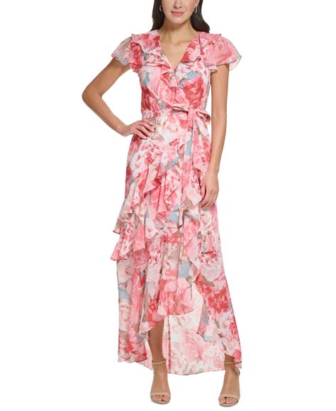 Eliza J Women's Floral-print Chiffon Asymmetrical-ruffled Faux-wrap ...