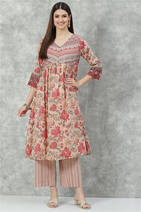 Buy Beige Cotton A-Line Kurta Palazzo Suit Set Online at Biba India