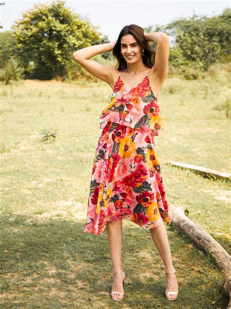 Flare yoke spaghetti Midi Dress in Multi color Print – Mabish Store