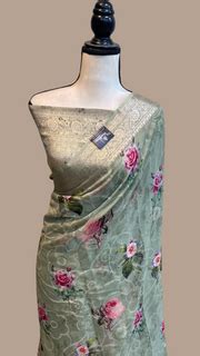 Pure Georgette Digital Print with Chikankari Handloom Banarasi Saree ...