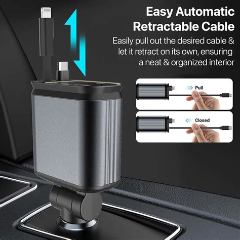 DR VAKU ® 4-in-1 66W Retractable Car Charger Fast Charging Dual USB Po ...