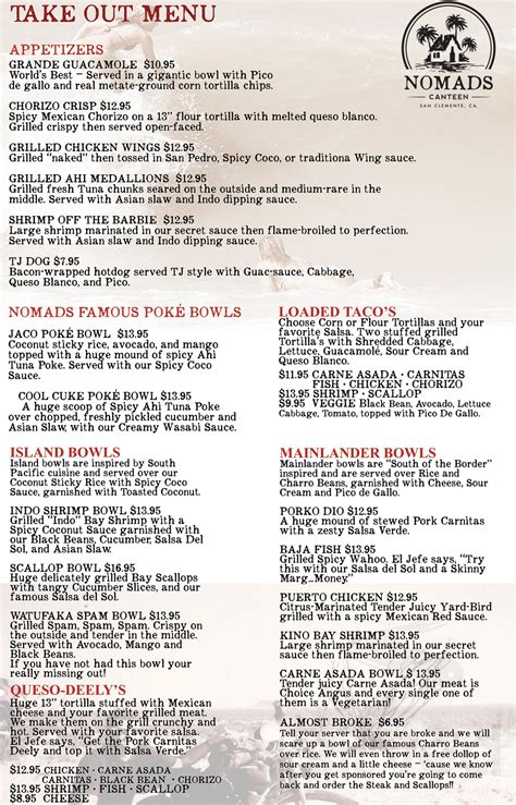 Nomads Canteen menu in San Clemente, California, USA