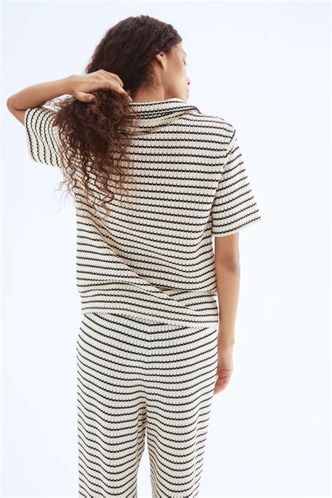 Textured-knit collared top - White/Black striped - Ladies | H&M IN