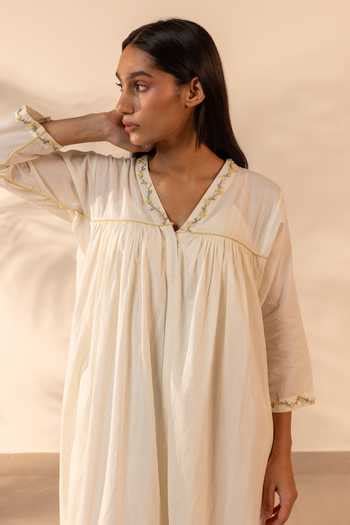 Buy Off White Cotton Embroidery V-neck Ivoey Gathered Dress For Women ...