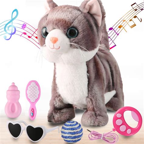 Amazon.com: Gray Leash Walking Cat Set Singing That Purrs and Meows ...
