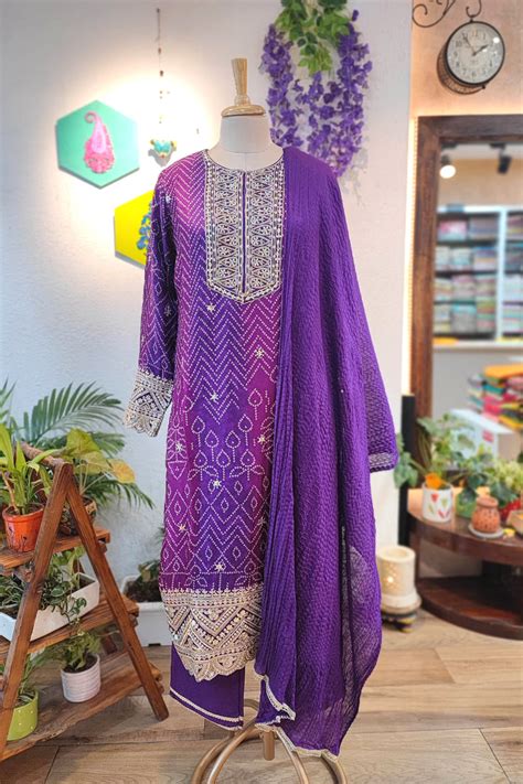 Purple Bandhani Soft Crepe Kurta with Gota Patti & Georgette Dupatta ...