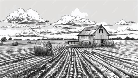 Farm landscape Farm on the field retro sketch hand drawn Rural area ...
