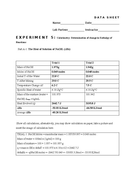 CHM1046L Final Exam Data Sheet for Experiment 5: Calorimetry - Studocu