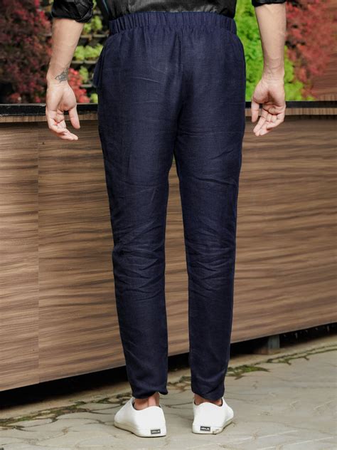 Dark Blue Relaxed Fit Pure Linen Trousers with Back Elastic by Linen Trail
