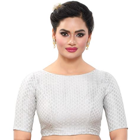 Madhu Fashion Women's Silver Banaras Brocade Readymade Saree Blouse ...