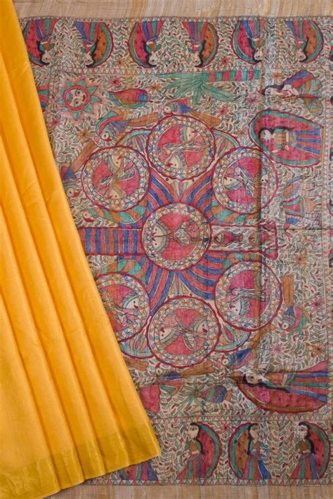 Yellow Hand Painted Staple Silk Madhubani Saree With Tussar Pallu 1006 ...