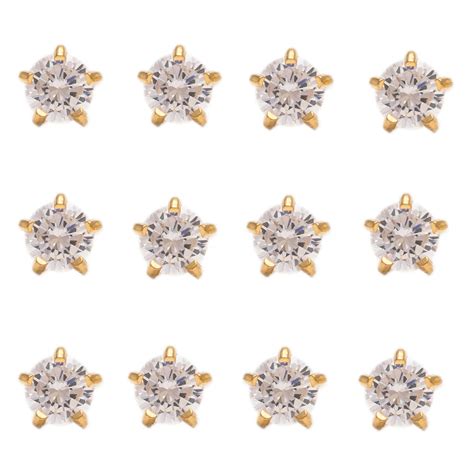 3MM Cubic Zirconia 24K Pure Gold Plated Piercing Ear Stud (12 Pair) – E ...