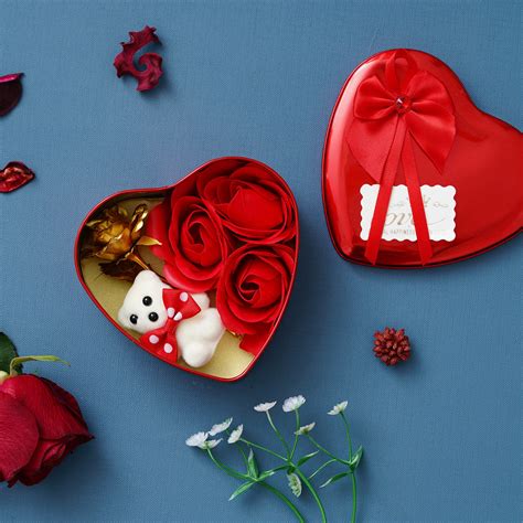 Red Heart Shaped Gift Box with 3 Red Roses, 1 Teddy Bear and 1 Golden ...