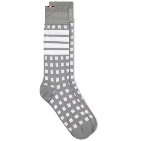 Thom Browne Women's Gingham Mid Calf Sock in Light Grey Thom Browne