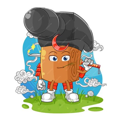 Hammer samurai cartoon cartoon mascot vector | Premium Vector