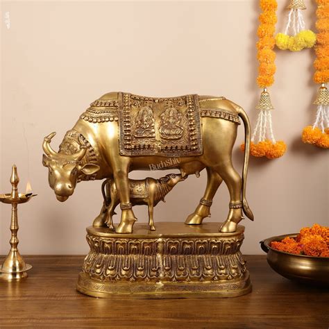 Buy Brass Large Kamdhenu Cow with Calf Idol - 22 Inch - Budhshiv.com