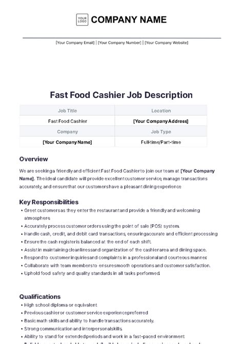 Free Fast Food Cashier Job Description Template to Edit Online