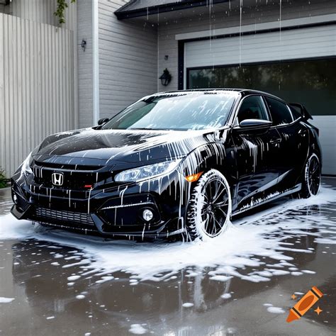 Black Honda Civic being washed with soap on Craiyon