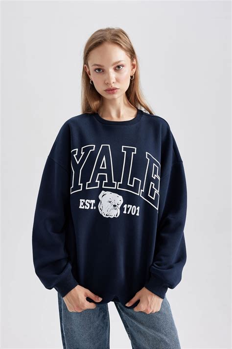 Lacivert Kadın Yale University Oversize Geniş Kalıp Bisiklet Yaka ...