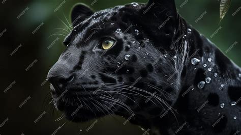 Premium Photo | A black jaguar with green spots is standing in the rain.
