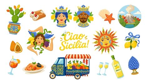 Iconic sicily symbols like sun ceramics volcano fruit cart trinacria ...