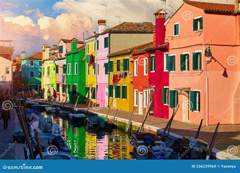 Burano Island in Venice Italy Vibrant Village Channel with Boats Stock ...