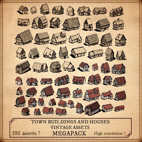 Town Buildings & Houses Vintage Assets Pack for fantasy map