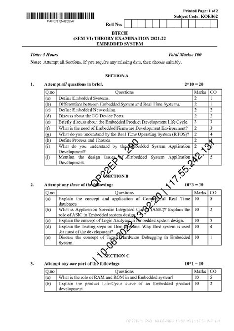 Embedded System Theory Exam Paper - KOE062 (BTECH SEM VI) - Studocu