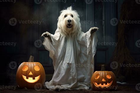 Halloween theme. dog in ghost costume with pumpkins on dark background ...