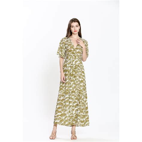 Robe longue imprimée, col croisé kaki See U Soon | La Redoute